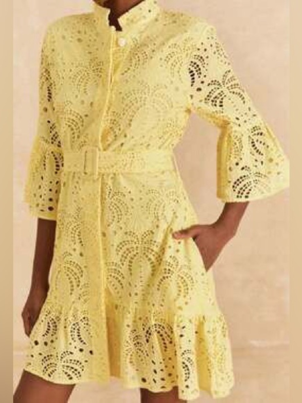 FARM Rio Yellow Eyelet Mini Dress with Belt